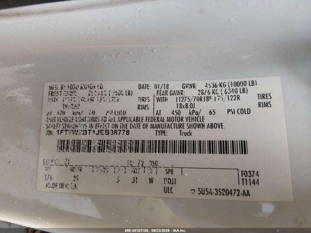 Продажа на аукционе авто 2018 Ford F-250 Xlt, vin: 1FT7W2BT1JEB38778, номер лота: 46183155
