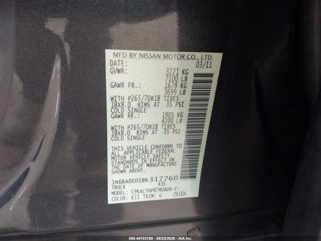 Aukcja sprzedaży 2011 Nissan Titan Sv, vin: 1N6BA0ED1BN317760, numer aukcji: 46183169