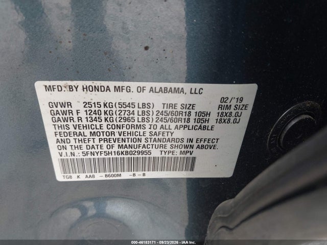Aukcja sprzedaży 2019 Honda Pilot Lx, vin: 5FNYF5H16KB029955, numer aukcji: 46183171