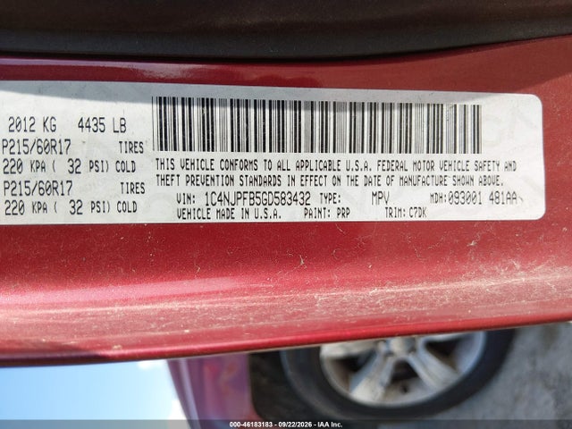 2016 Jeep Patriot Latitude მანქანა იყიდება აუქციონზე, vin: 1C4NJPFB5GD583432, აუქციონის ნომერი: 46183183