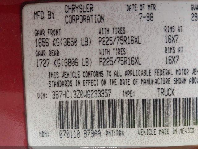 Продаж на аукціоні авто 1998 Dodge Ram 1500 St, vin: 3B7HC13Z0WG233357, номер лоту: 46183184