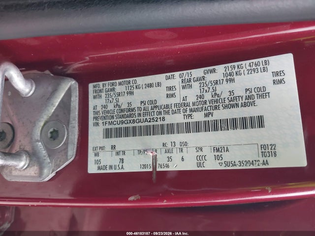 46183187 :رقم المزاد ، 1FMCU9GX8GUA25218 vin ، 2016 Ford Escape Se مزاد بيع