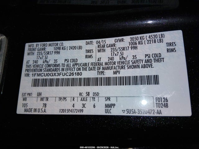 Продаж на аукціоні авто 2015 Ford Escape Se, vin: 1FMCU0GX3FUC26180, номер лоту: 46183206