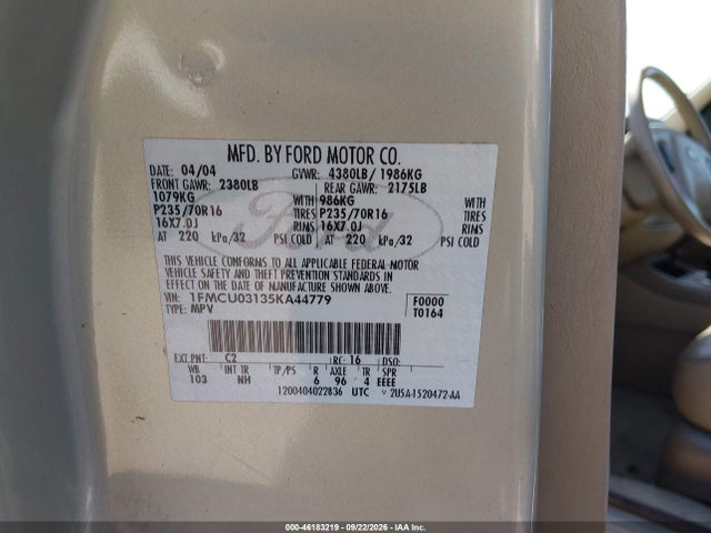 46183219 :رقم المزاد ، 1FMCU03135KA44779 vin ، 2005 Ford Escape Xlt مزاد بيع
