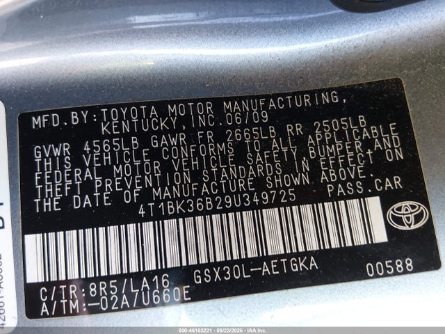 46183221 :رقم المزاد ، 4T1BK36B29U349725 vin ، 2009 Toyota Avalon Xls مزاد بيع