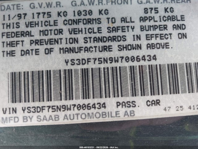Продажа на аукционе авто 1998 Saab 900 Se, vin: YS3DF75N9W7006434, номер лота: 46183231