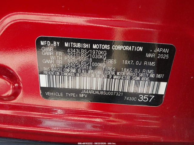 46183232 :رقم المزاد ، JA4ARUAU8SU007321 vin ، 2025 Mitsubishi Outlander Sport 2.0 Es Awc/2.0 Le Awc/2.0 S Awc/2.0 Se Awc/2.0 Trail Edition Awc مزاد بيع