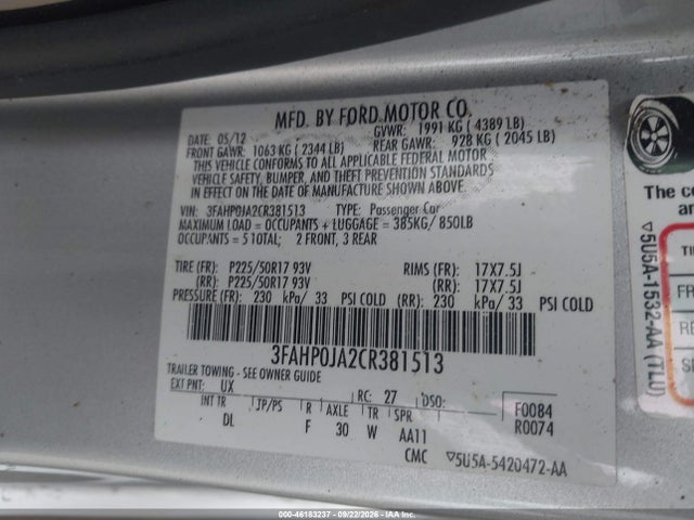 2012 Ford Fusion Sel მანქანა იყიდება აუქციონზე, vin: 3FAHP0JA2CR381513, აუქციონის ნომერი: 46183237
