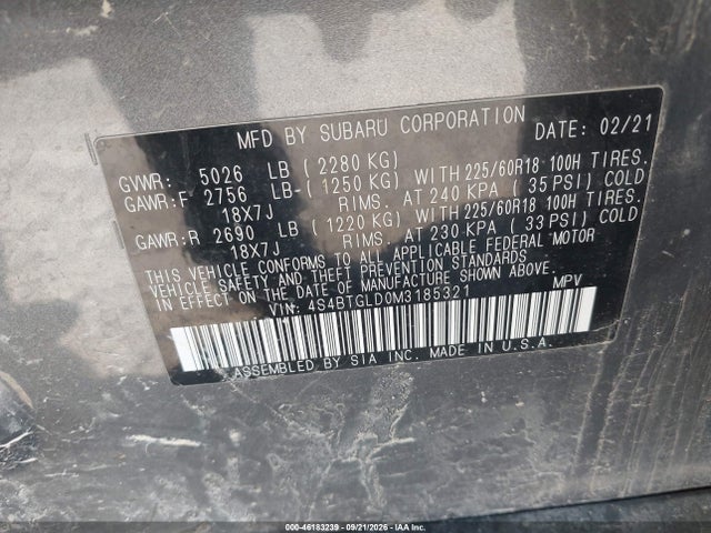 Aukcja sprzedaży 2021 Subaru Outback Onyx Edition Xt, vin: 4S4BTGLD0M3185321, numer aukcji: 46183239