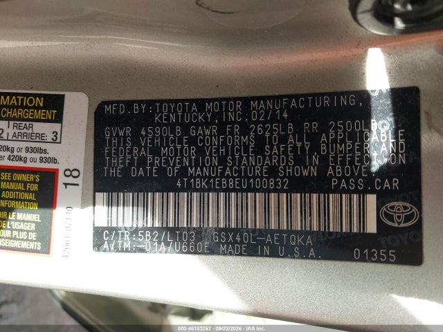 Продажа на аукционе авто 2014 Toyota Avalon Xle Touring, vin: 4T1BK1EB8EU100832, номер лота: 46183262