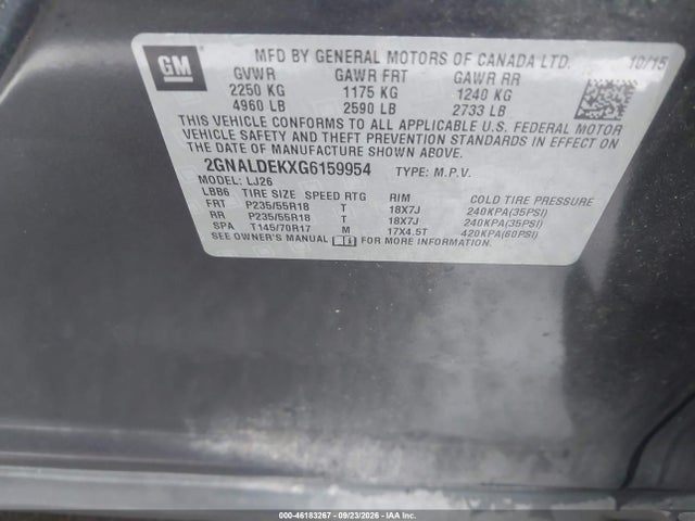 2016 Chevrolet Equinox Ltz მანქანა იყიდება აუქციონზე, vin: 2GNALDEKXG6159954, აუქციონის ნომერი: 46183267