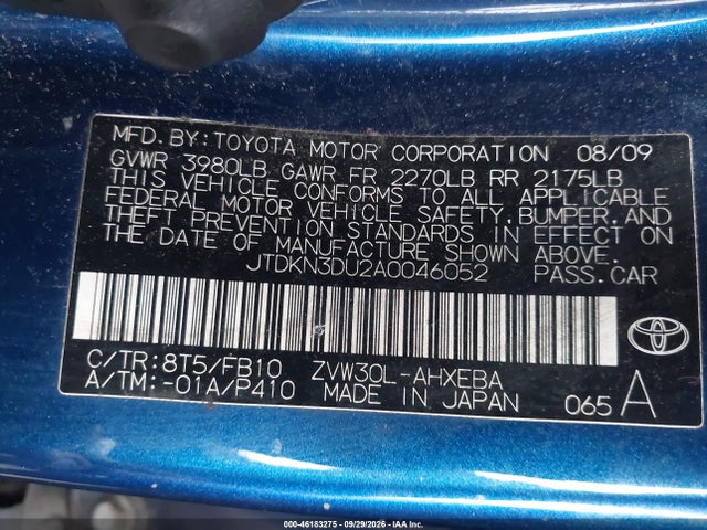 46183275 :رقم المزاد ، JTDKN3DU2A0046052 vin ، 2010 Toyota Prius Ii مزاد بيع