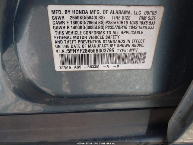 46183288 :رقم المزاد ، 5FNYF28456B003796 vin ، 2006 Honda Pilot Ex مزاد بيع