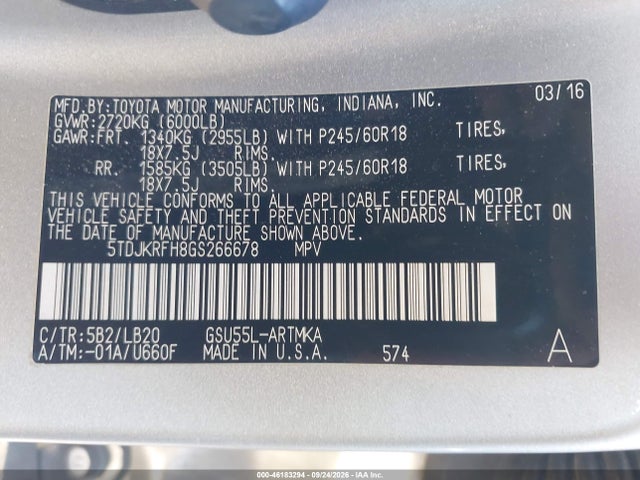 Toyota Highlander Xle V6 2016 5TDJKRFH8GS266678 Image 9
