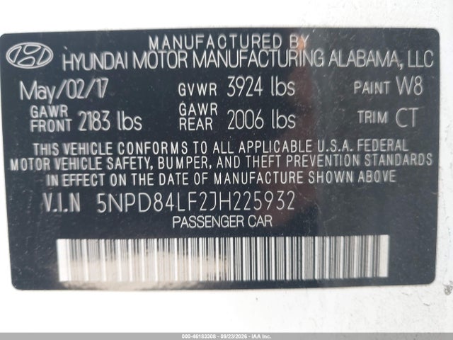 2018 Hyundai Elantra Sel მანქანა იყიდება აუქციონზე, vin: 5NPD84LF2JH225932, აუქციონის ნომერი: 46183308