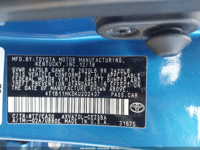 Auction sale of the 2019 Toyota Camry Se, vin: 4T1B11HK5KU202437, lot number: 46183309