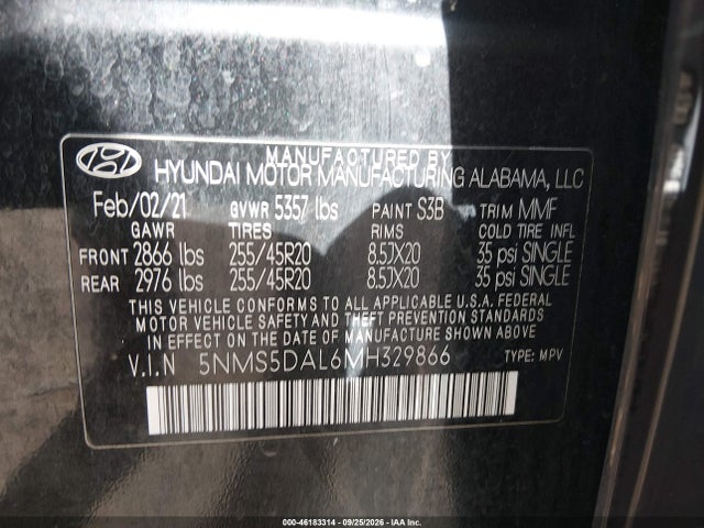 Продажа на аукционе авто 2021 Hyundai Santa Fe Calligraphy, vin: 5NMS5DAL6MH329866, номер лота: 46183314