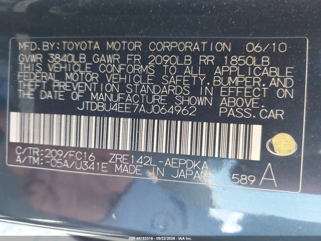 2010 Toyota Corolla Le მანქანა იყიდება აუქციონზე, vin: JTDBU4EE7AJ064962, აუქციონის ნომერი: 46183316
