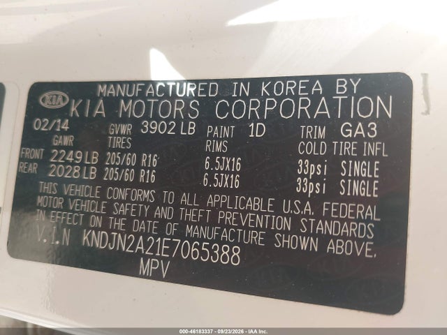 2014 Kia Soul მანქანა იყიდება აუქციონზე, vin: KNDJN2A21E7065388, აუქციონის ნომერი: 46183337