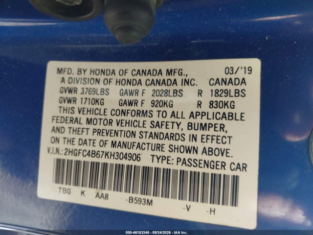Продажа на аукционе авто 2019 Honda Civic Lx, vin: 2HGFC4B67KH304906, номер лота: 46183346