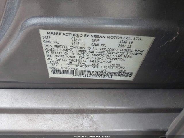 Продаж на аукціоні авто 2006 Nissan Maxima Se/sl, vin: 1N4BA41E56C840764, номер лоту: 46183347