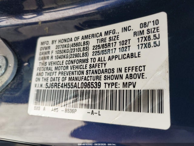 Продажа на аукционе авто 2010 Honda Cr-v Ex, vin: 5J6RE4H55AL096539, номер лота: 46183352