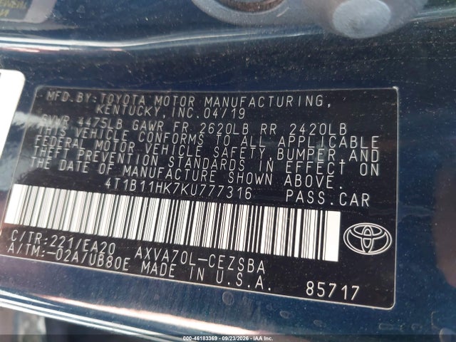 Aukcja sprzedaży 2019 Toyota Camry Se, vin: 4T1B11HK7KU777316, numer aukcji: 46183369
