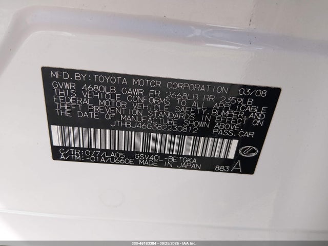 Продаж на аукціоні авто 2008 Lexus Es 350, vin: JTHBJ46G382230812, номер лоту: 46183384