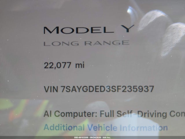 Aukcja sprzedaży 2025 Tesla Model Y Long Range Dual Motor Rear-wheel Drive, vin: 7SAYGDED3SF235937, numer aukcji: 46183389