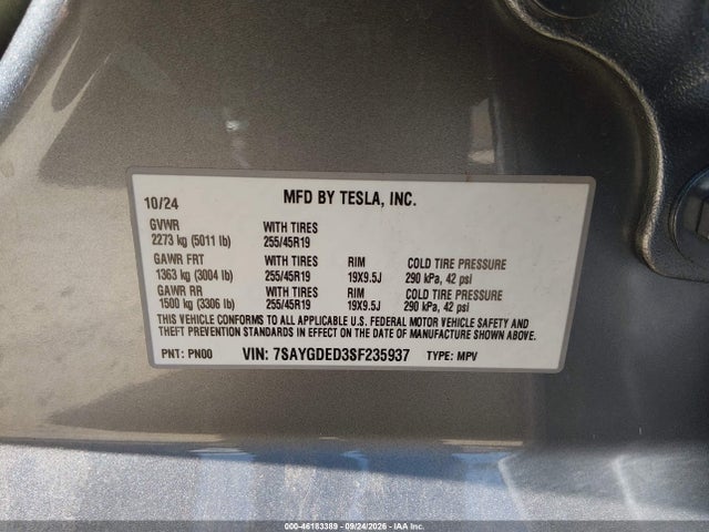 Aukcja sprzedaży 2025 Tesla Model Y Long Range Dual Motor Rear-wheel Drive, vin: 7SAYGDED3SF235937, numer aukcji: 46183389