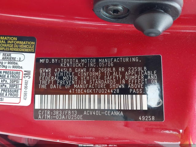 2007 Toyota Camry Le მანქანა იყიდება აუქციონზე, vin: 4T1BE46K17U024428, აუქციონის ნომერი: 46183396