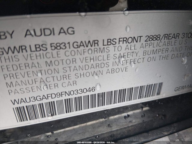 Aukcja sprzedaży 2015 Audi A8 L 3.0t, vin: WAU3GAFD9FN033046, numer aukcji: 46183399