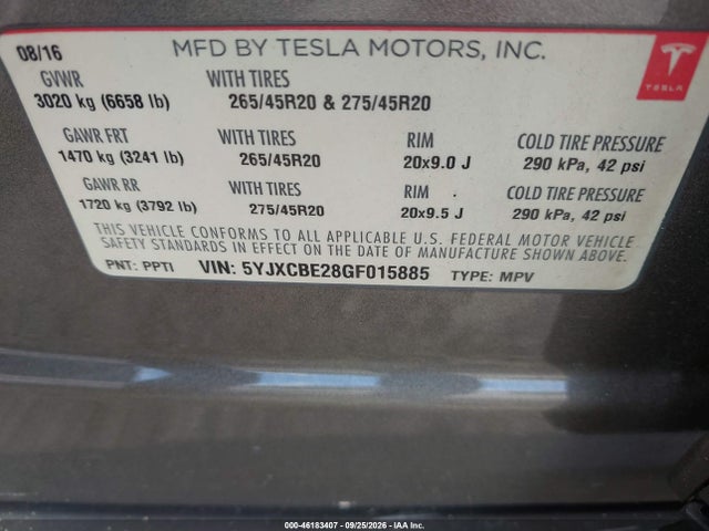 Tesla Model X 60d/70d/75d/90d/p100d 2016 5YJXCBE28GF015885 Image 9