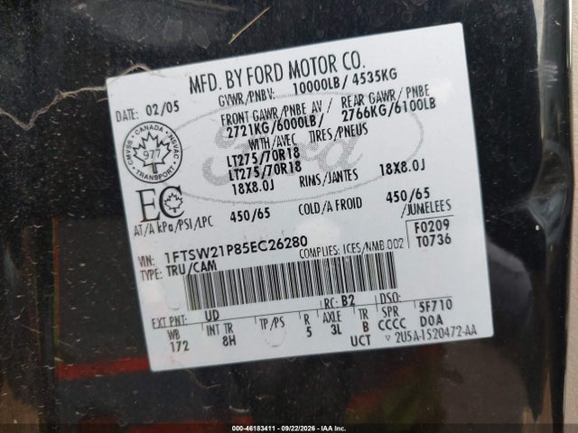 2005 Ford F-250 Lariat/xl/xlt მანქანა იყიდება აუქციონზე, vin: 1FTSW21P85EC26280, აუქციონის ნომერი: 46183411