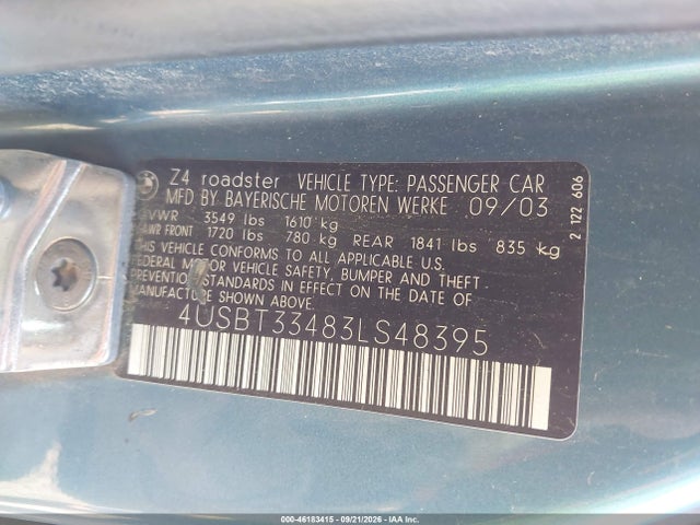 46183415 :رقم المزاد ، 4USBT33483LS48395 vin ، 2003 Bmw Z4 2.5i مزاد بيع
