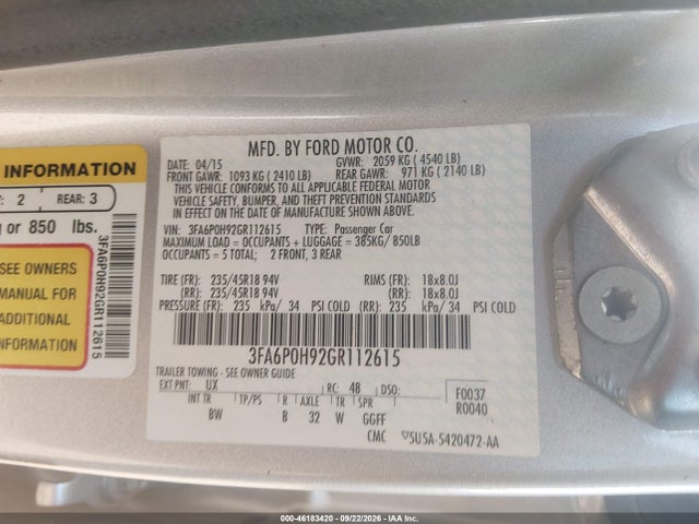 Ford FUSION SE 2016 3FA6P0H92GR112615 Image 9