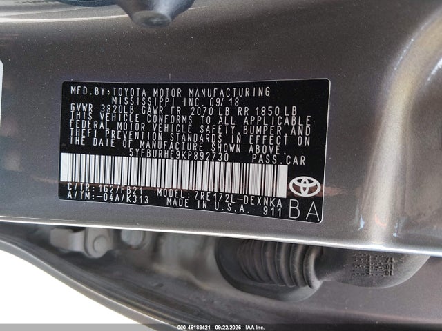 46183421 :رقم المزاد ، 5YFBURHE9KP892730 vin ، 2019 Toyota Corolla Le مزاد بيع
