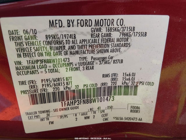 Продаж на аукціоні авто 2011 Ford Focus Se, vin: 1FAHP3FN8BW101473, номер лоту: 46183443