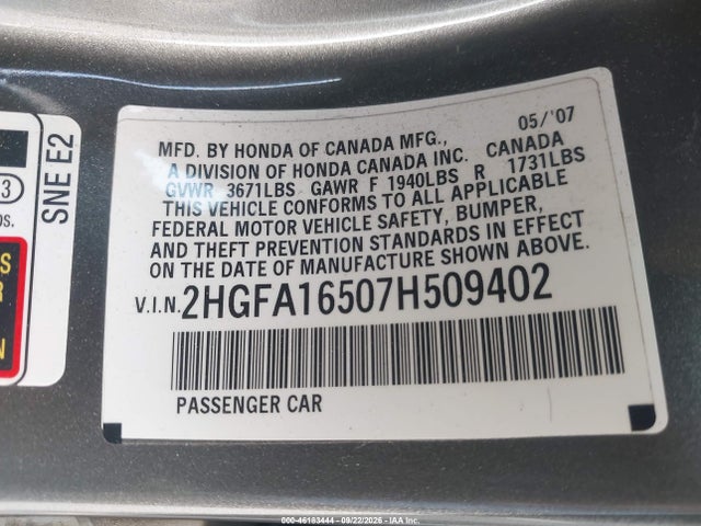 Продаж на аукціоні авто 2007 Honda Civic Lx, vin: 2HGFA16507H509402, номер лоту: 46183444