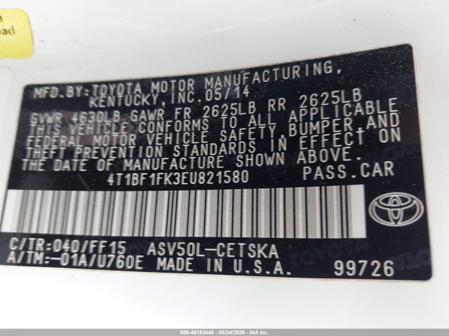 2014 Toyota Camry Se მანქანა იყიდება აუქციონზე, vin: 4T1BF1FK3EU821580, აუქციონის ნომერი: 46183448