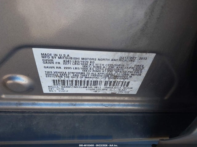 46183450 :رقم المزاد ، 4A4AR3AUXEE011538 vin ، 2014 Mitsubishi Outlander Sport Es مزاد بيع