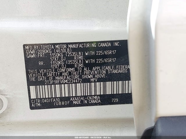 2021 Toyota Rav4 Xle მანქანა იყიდება აუქციონზე, vin: 2T3P1RFV6MC234472, აუქციონის ნომერი: 46183460
