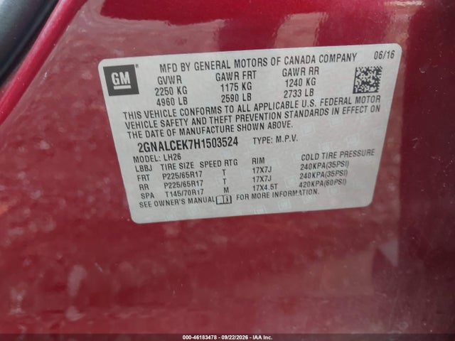 Aukcja sprzedaży 2017 Chevrolet Equinox Lt, vin: 2GNALCEK7H1503524, numer aukcji: 46183478