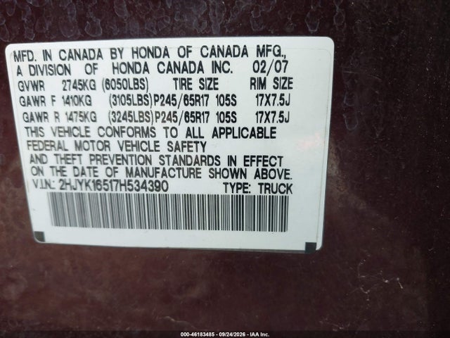 2007 Honda Ridgeline Rtl მანქანა იყიდება აუქციონზე, vin: 2HJYK16517H534390, აუქციონის ნომერი: 46183485