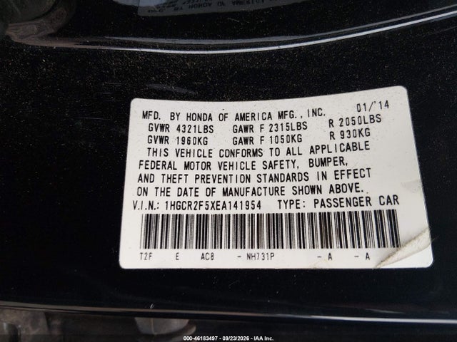 46183497 :رقم المزاد ، 1HGCR2F5XEA141954 vin ، 2014 Honda Accord Sport مزاد بيع