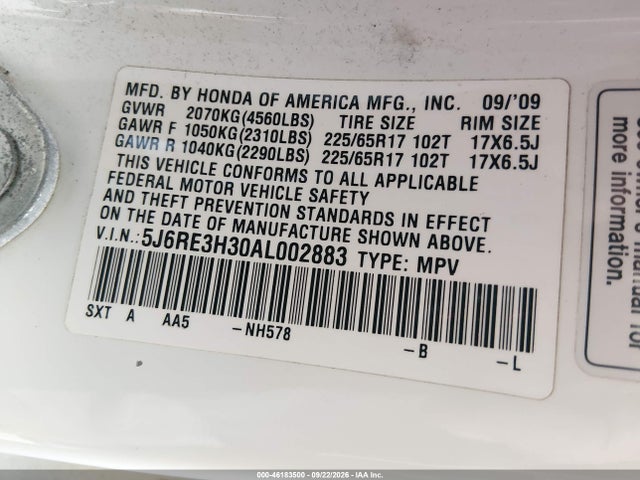 2010 Honda Cr-v Lx მანქანა იყიდება აუქციონზე, vin: 5J6RE3H30AL002883, აუქციონის ნომერი: 46183500
