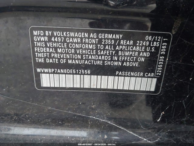 2013 Volkswagen Cc 2.0t Sport Plus მანქანა იყიდება აუქციონზე, vin: WVWBP7AN8DE512556, აუქციონის ნომერი: 46183507