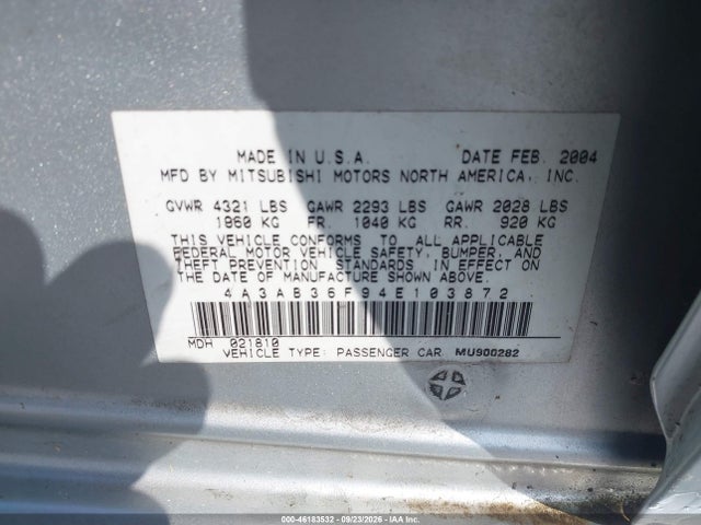 Aukcja sprzedaży 2004 Mitsubishi Galant Es, vin: 4A3AB36F94E103872, numer aukcji: 46183532