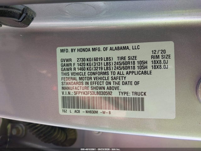 5FPYK3F53LB030592 Honda Ridgeline Awd Rtl