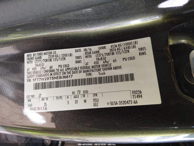Продаж на аукціоні авто 2017 Ford F-250 Xlt, vin: 1FT7W2BT5HEB36817, номер лоту: 46183562